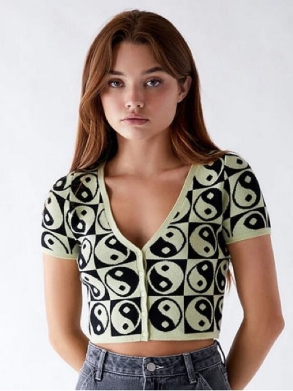 LA Hearts Black & Light Green Yin Yang V‑Neck Crop Top Button Up Cardigan